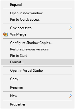 Windows format drive menu